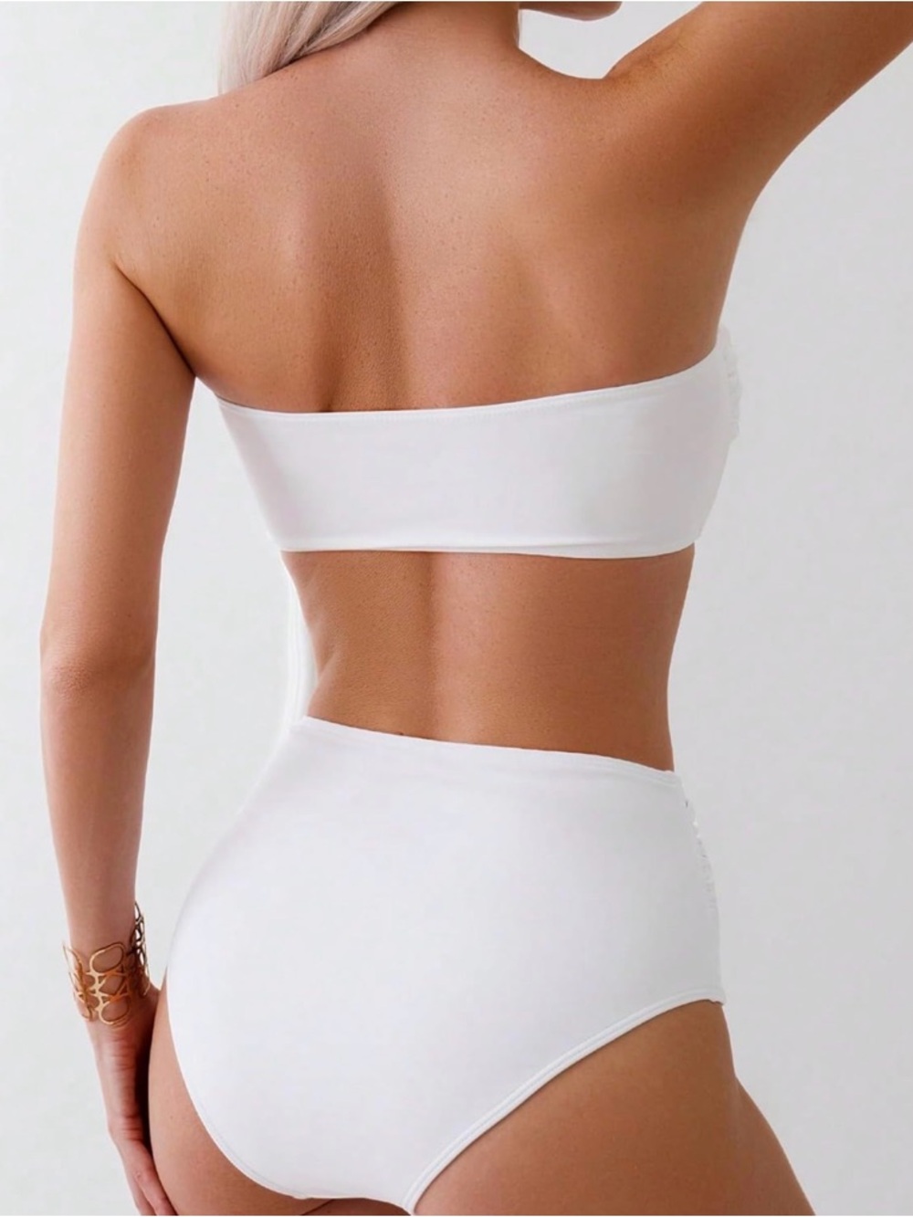 White Strapless Bandeau 3D Floral High-Waist Bikini Set Women’s Swimsuit - Picture 4 of 7